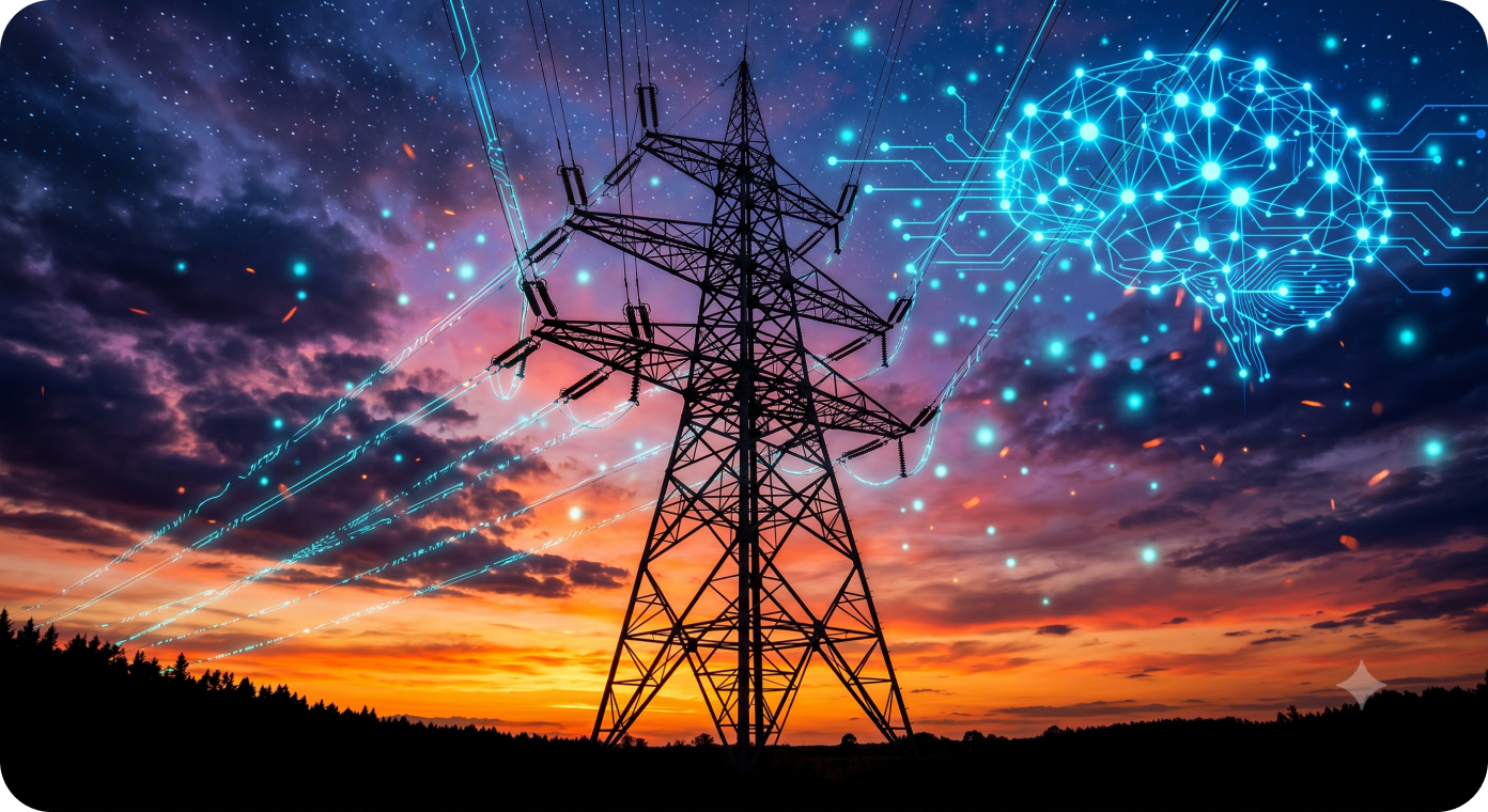 Electric power transmission lines at sunset with digital network overlay